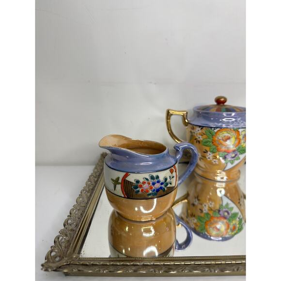 Lusterware Kitchen Set Sugar Creamer Painted Ethnic Asian Japanese Iridescent - Picture 9 of 10